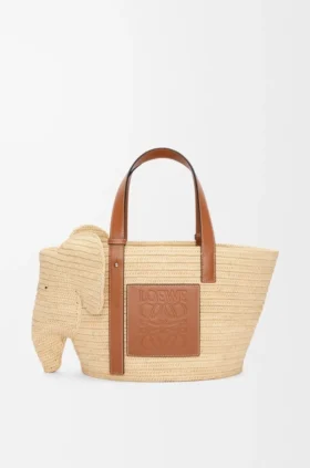 Koszyk „Elephant Basket” z rafii i skóry cielęcej