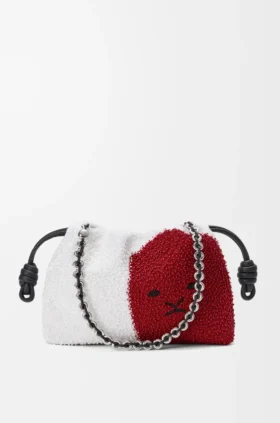 Średnia Flamenco Purse z koralikami w kształcie lwów, wykonana z płótna z koralikami i skóry cielęcej