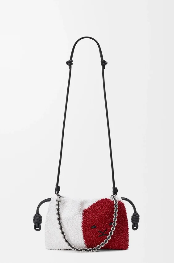 Średnia Flamenco Purse z koralikami w kształcie lwów, wykonana z płótna z koralikami i skóry cielęcej Średnia Flamenco Purse z koralikami w kształcie lwów, wykonana z płótna z koralikami i skóry cielęcej