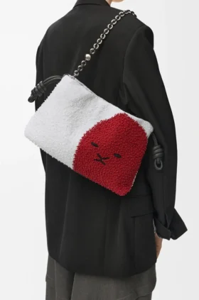Średnia Flamenco Purse z koralikami w kształcie lwów, wykonana z płótna z koralikami i skóry cielęcej