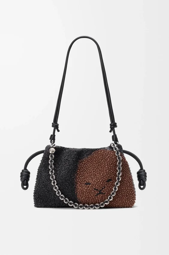 Średnia Flamenco Purse z koralikami w kształcie lwów, wykonana z płótna z koralikami i skóry cielęcej Średnia Flamenco Purse z koralikami w kształcie lwów, wykonana z płótna z koralikami i skóry cielęcej