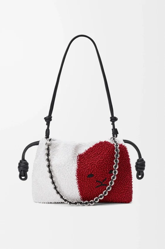 Średnia Flamenco Purse z koralikami w kształcie lwów, wykonana z płótna z koralikami i skóry cielęcej Średnia Flamenco Purse z koralikami w kształcie lwów, wykonana z płótna z koralikami i skóry cielęcej